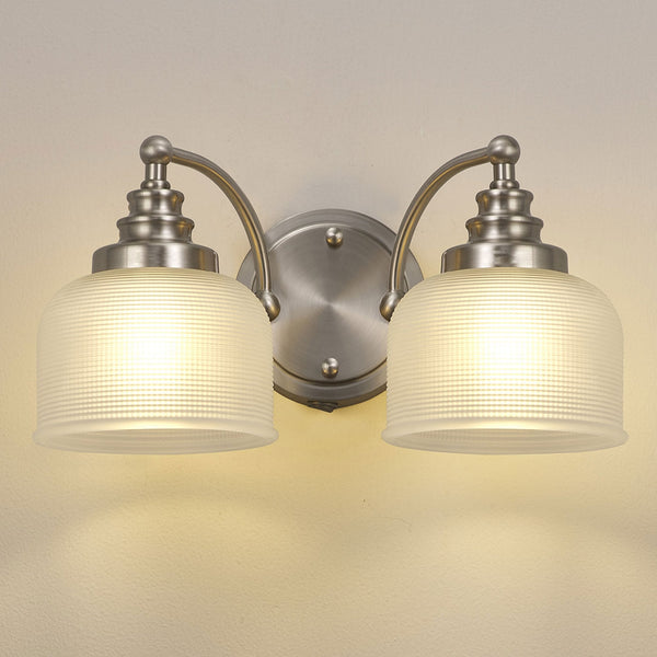 Stowford Switched Twin Wall Light in Satin Nickel & Frosted Prismatic Glass