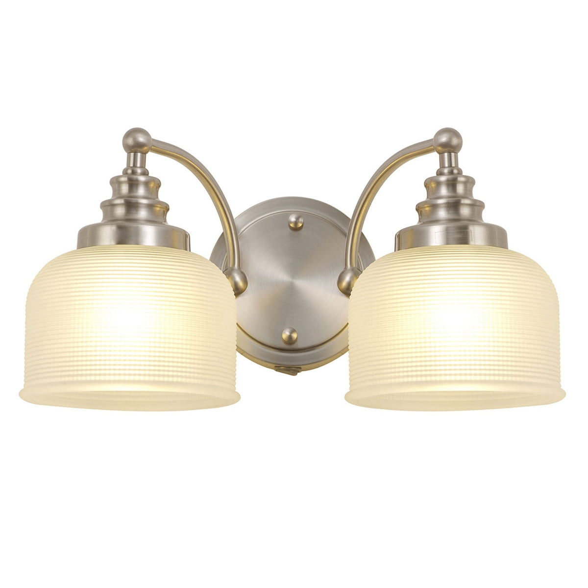 Stowford Switched Twin Wall Light in Satin Nickel & Frosted Prismatic Glass