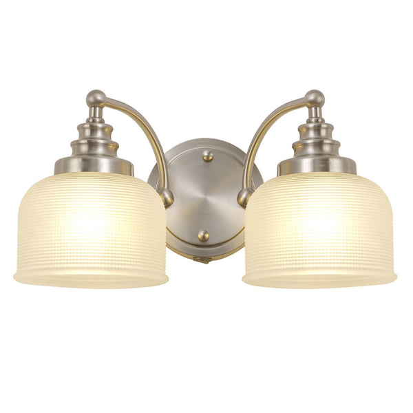 Stowford Switched Twin Wall Light in Satin Nickel & Frosted Prismatic Glass
