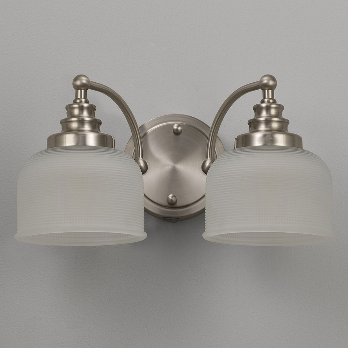 Stowford Switched Twin Wall Light in Satin Nickel & Frosted Prismatic Glass