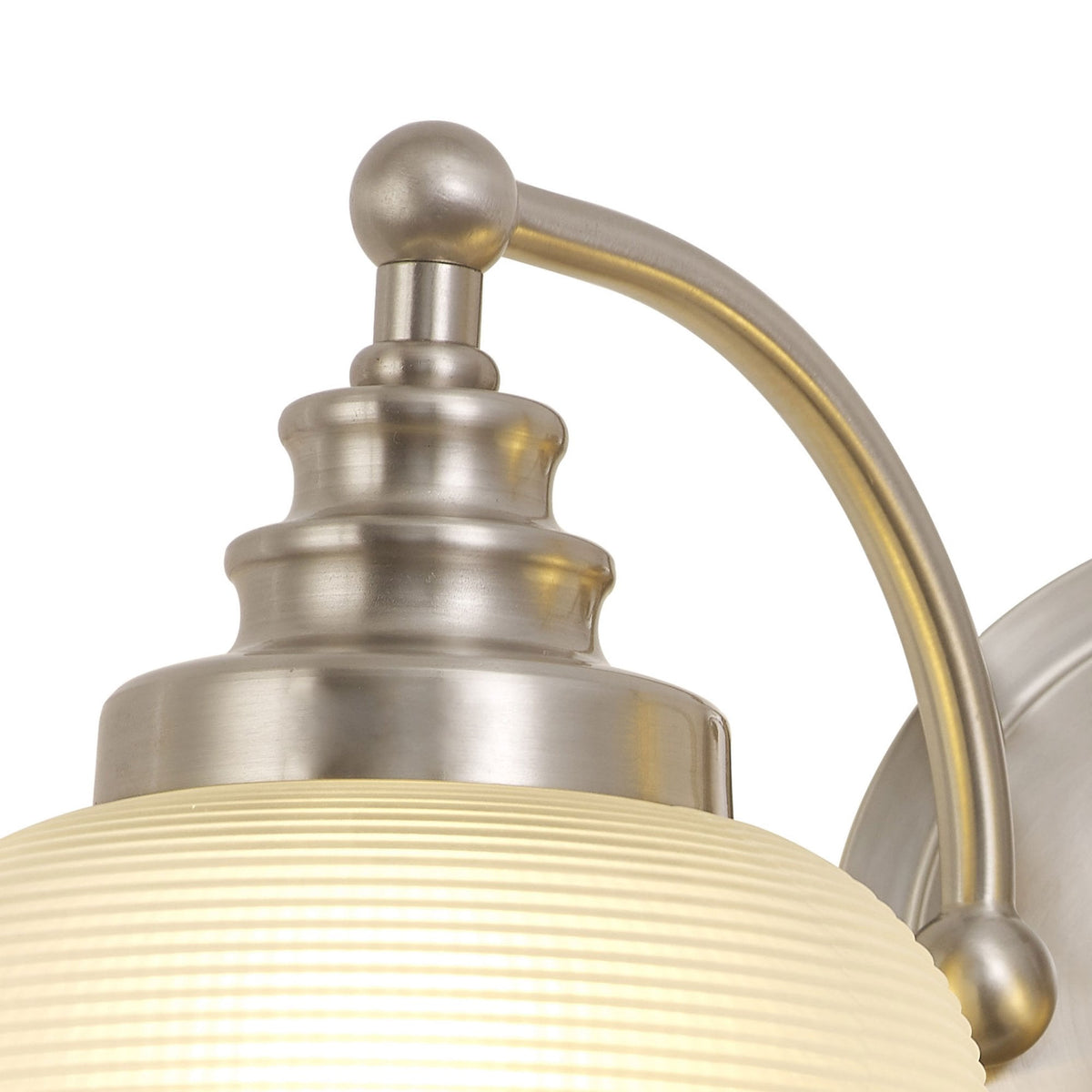 Stowford Switched Twin Wall Light in Satin Nickel & Frosted Prismatic Glass