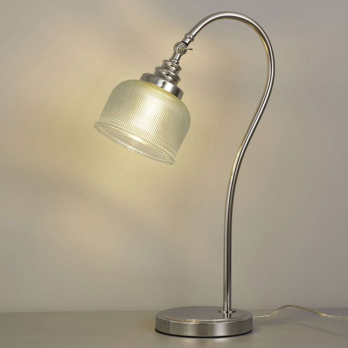 Stowford Table Lamp in Polished Nickel & Clear Prismatic Glass