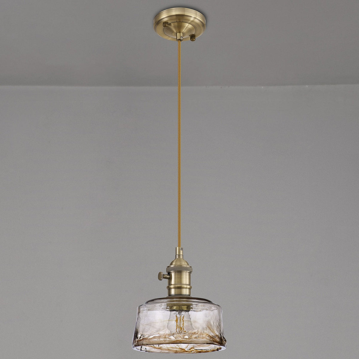 Worlington Switched Pendant in Antique Brass with Golden Brown Cable & Brown Bowl Glass