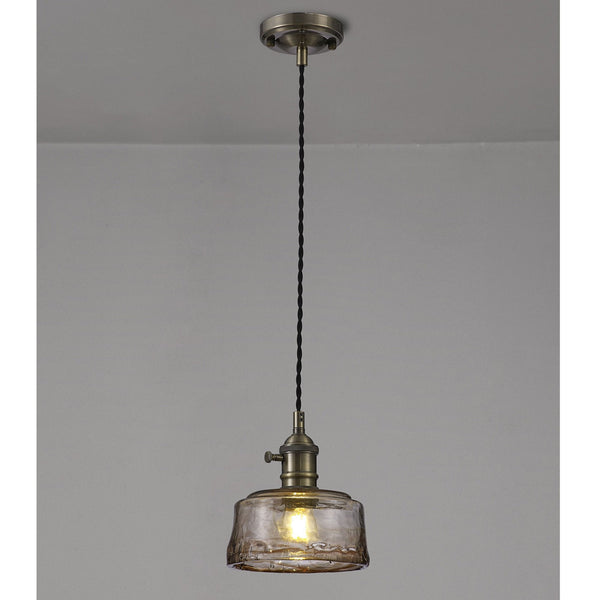Worlington Switched Pendant in Antique Brass with Black Twisted Cable & Brown Bowl Glass