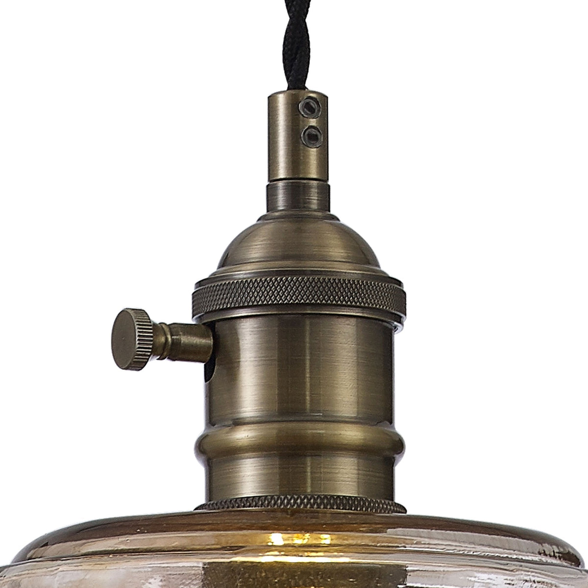 Worlington Switched Pendant in Antique Brass with Black Twisted Cable & Brown Bowl Glass