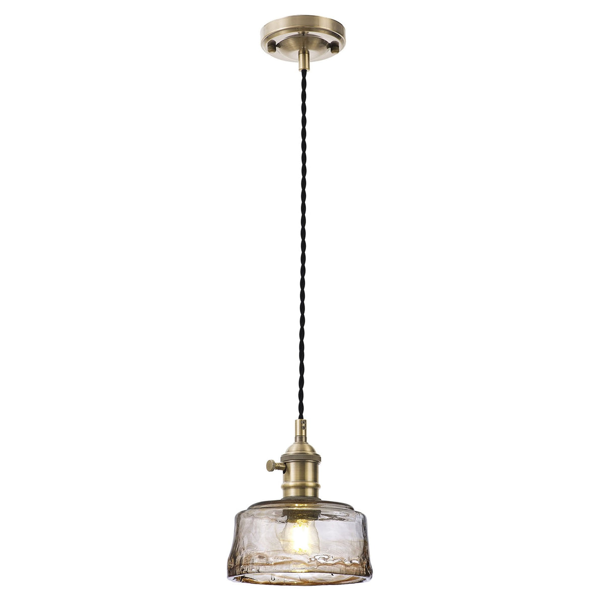 Worlington Switched Pendant in Antique Brass with Black Twisted Cable & Brown Bowl Glass