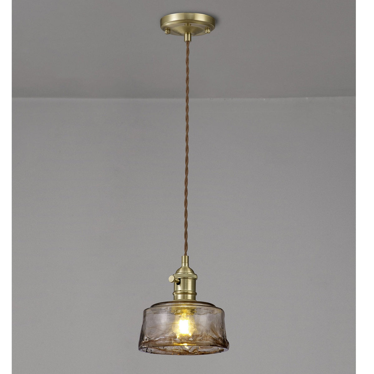 Worlington Switched Pendant in Brass with Gold Twisted Cable & Brown Bowl Glass