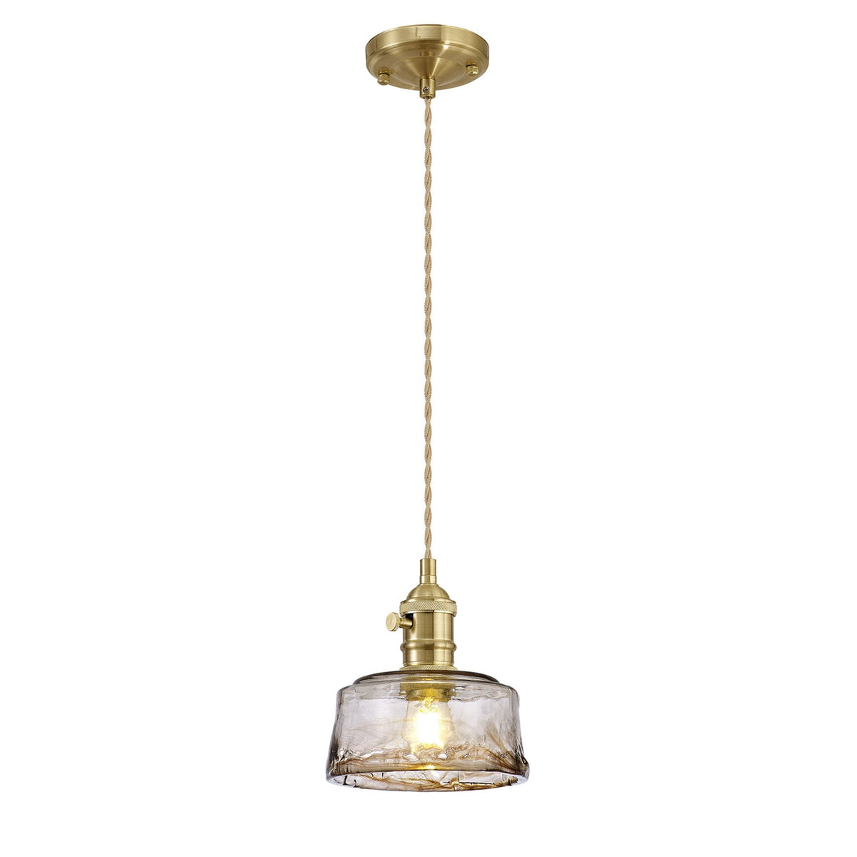Worlington Switched Pendant in Brass with Gold Twisted Cable & Brown Bowl Glass
