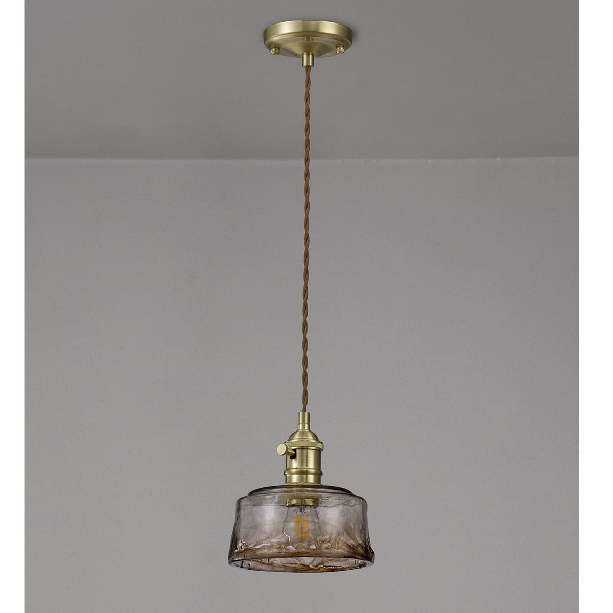 Worlington Switched Pendant in Brass with Gold Twisted Cable & Brown Bowl Glass