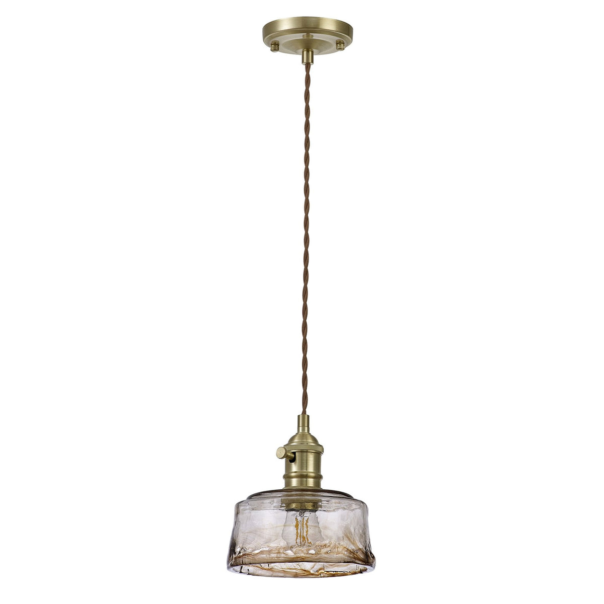 Worlington Switched Pendant in Brass with Gold Twisted Cable & Brown Bowl Glass