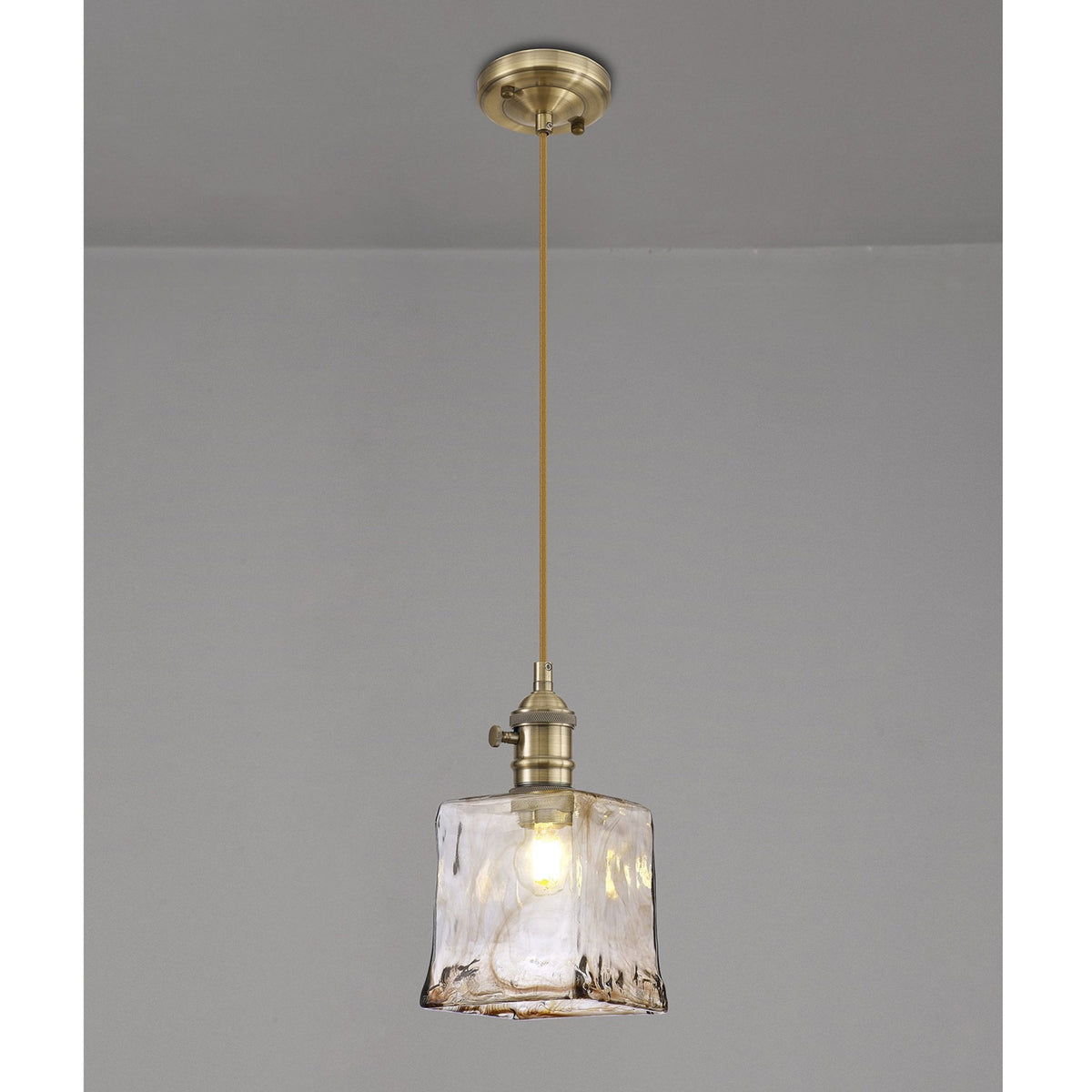 Worlington Switched Pendant in Antique Brass with Golden Brown Cable & Brown Square Glass