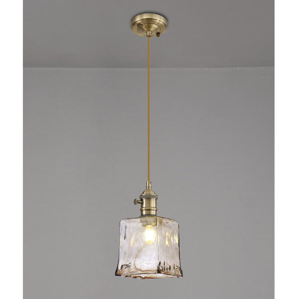 Worlington Switched Pendant in Antique Brass with Golden Brown Cable & Brown Square Glass
