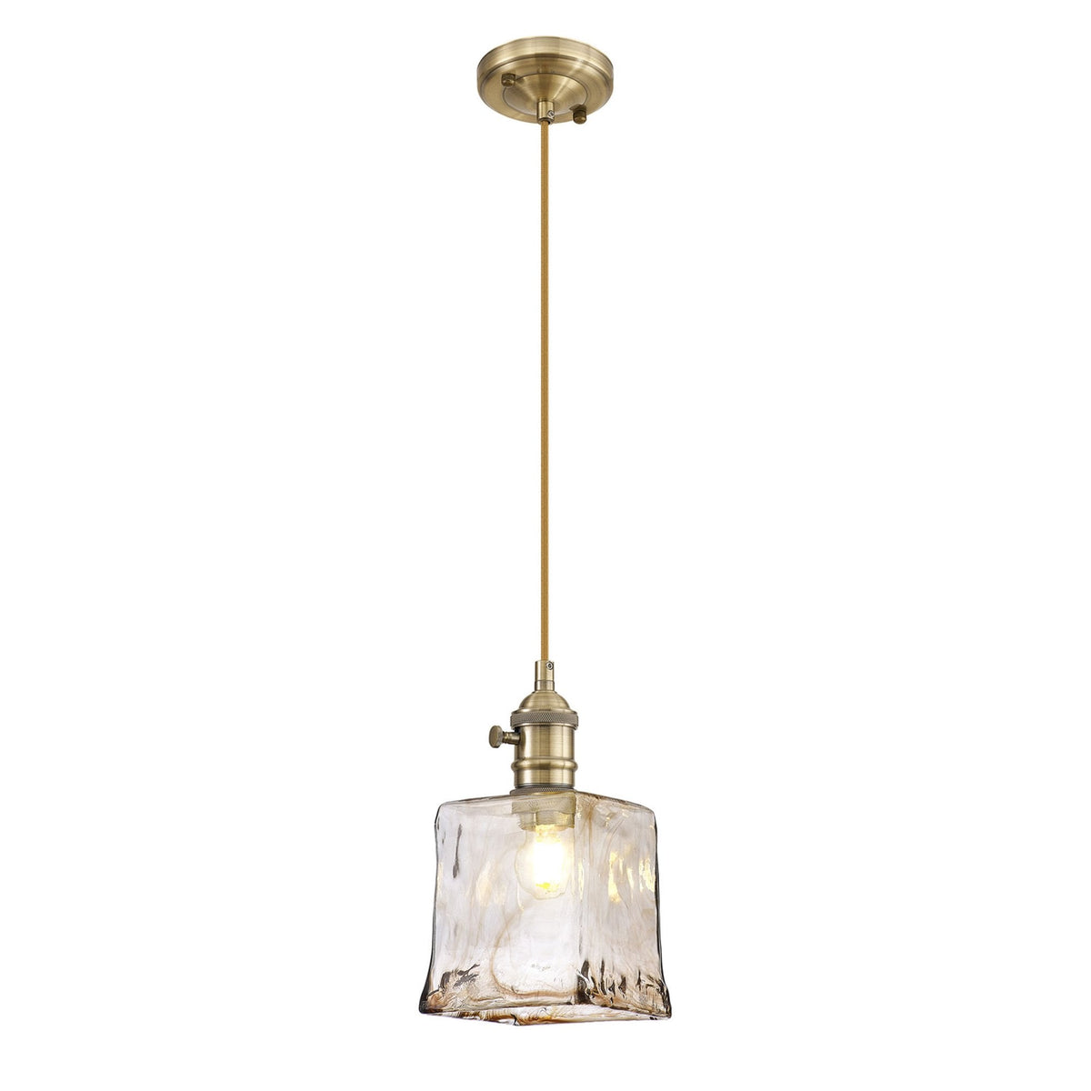 Worlington Switched Pendant in Antique Brass with Golden Brown Cable & Brown Square Glass
