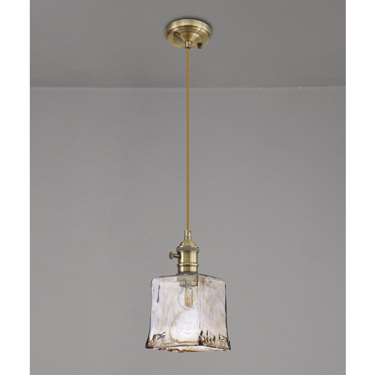 Worlington Switched Pendant in Antique Brass with Golden Brown Cable & Brown Square Glass