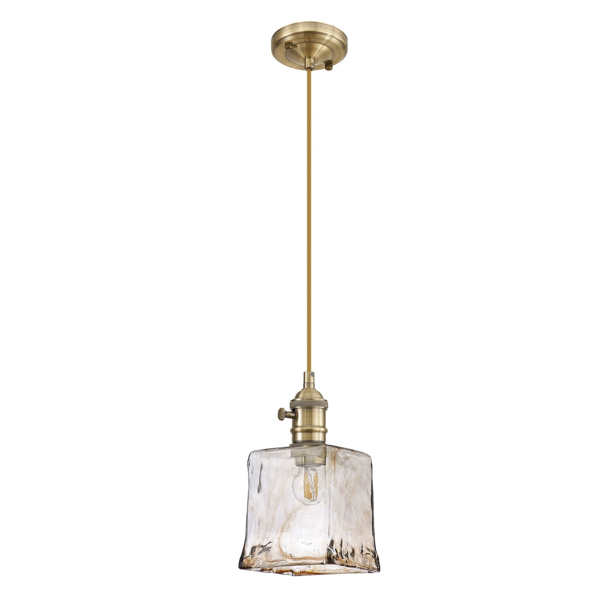 Worlington Switched Pendant in Antique Brass with Golden Brown Cable & Brown Square Glass