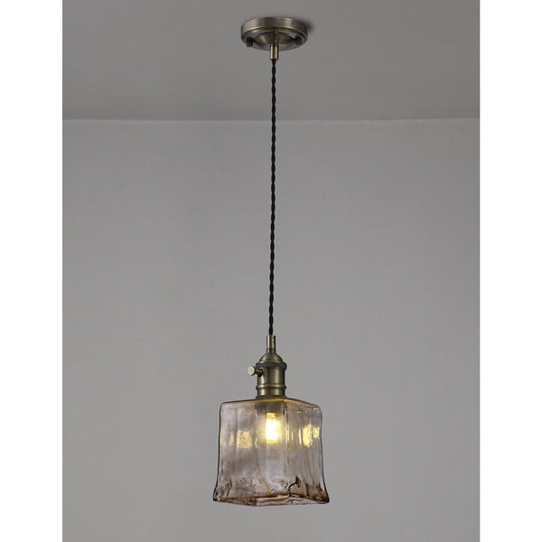 Worlington Switched Pendant in Antique Brass with Black Twisted Cable & Brown Square Glass