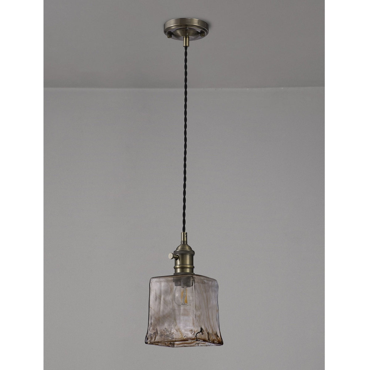 Worlington Switched Pendant in Antique Brass with Black Twisted Cable & Brown Square Glass