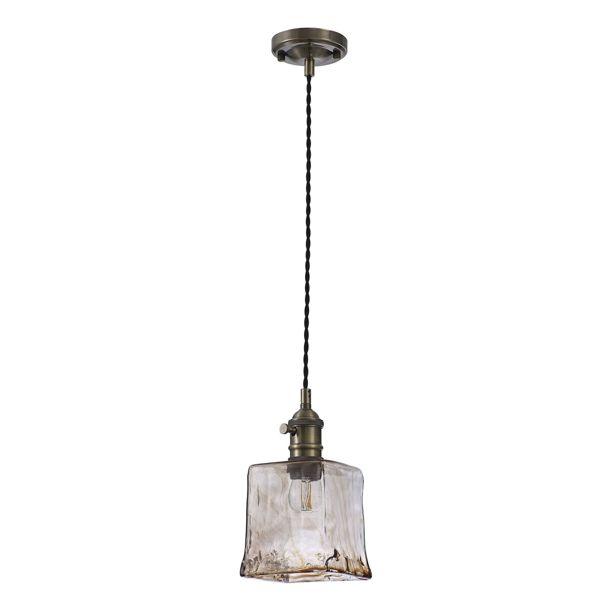 Worlington Switched Pendant in Antique Brass with Black Twisted Cable & Brown Square Glass