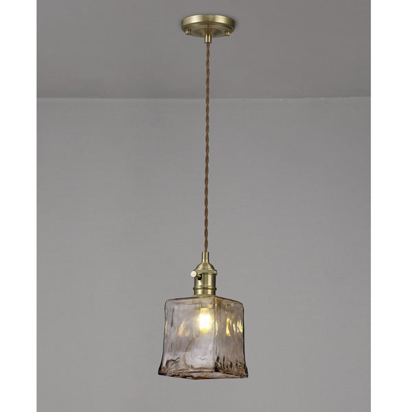 Worlington Switched Pendant in Brass with Gold Twisted Cable & Brown Square Glass