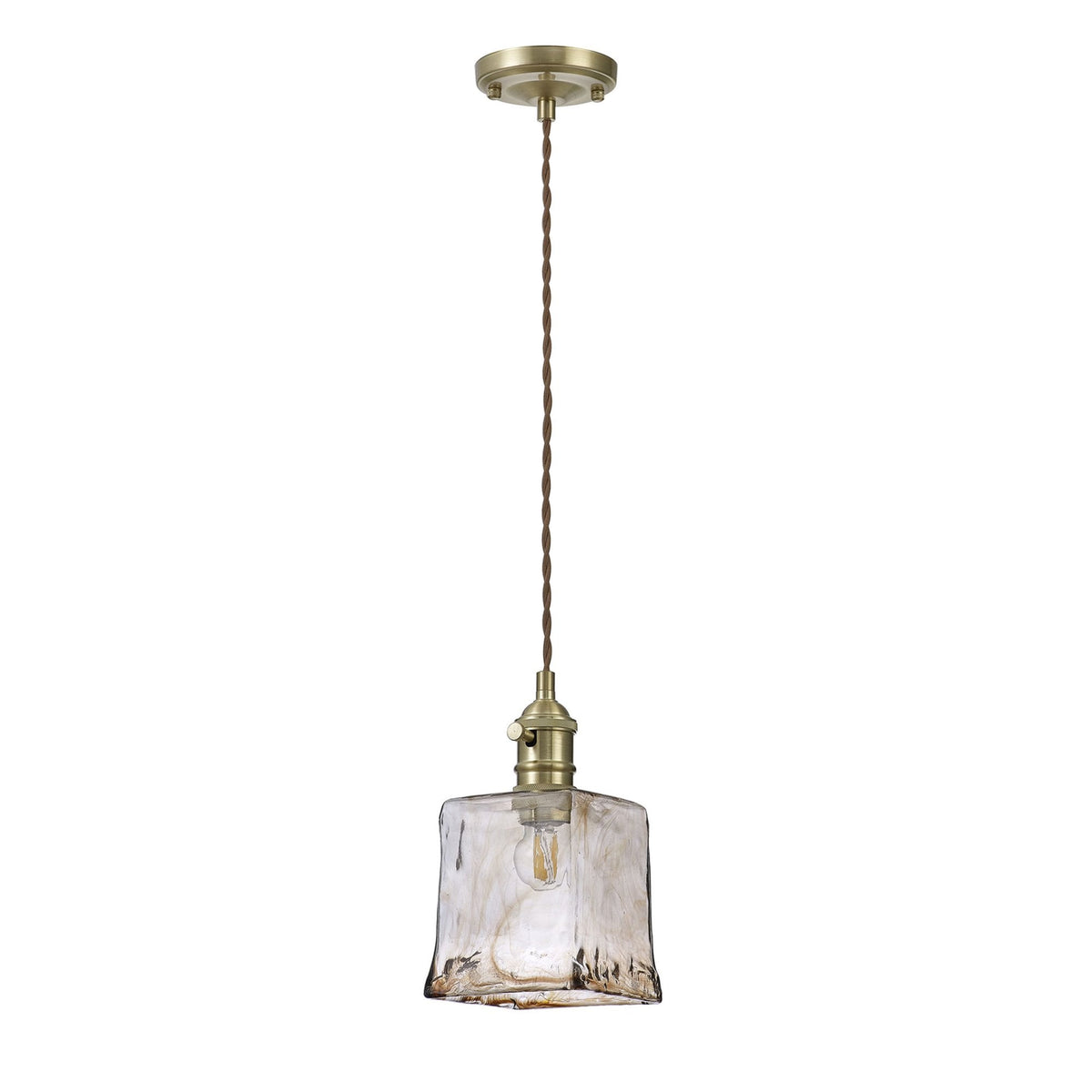 Worlington Switched Pendant in Brass with Gold Twisted Cable & Brown Square Glass
