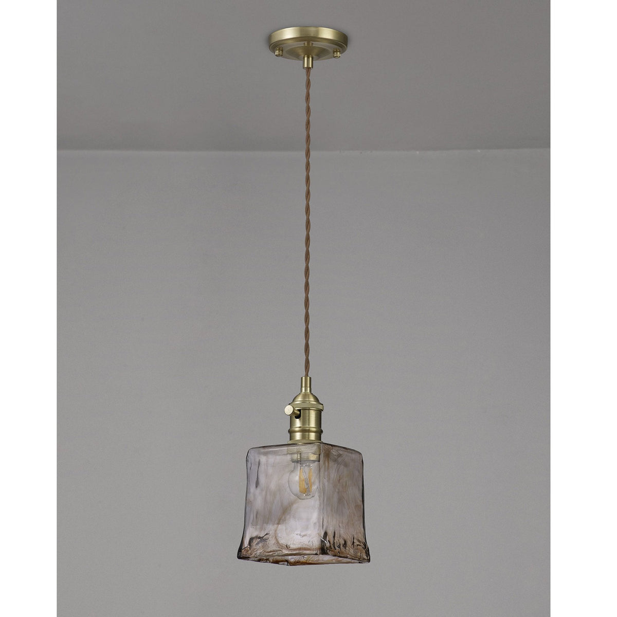 Worlington Switched Pendant in Brass with Gold Twisted Cable & Brown Square Glass