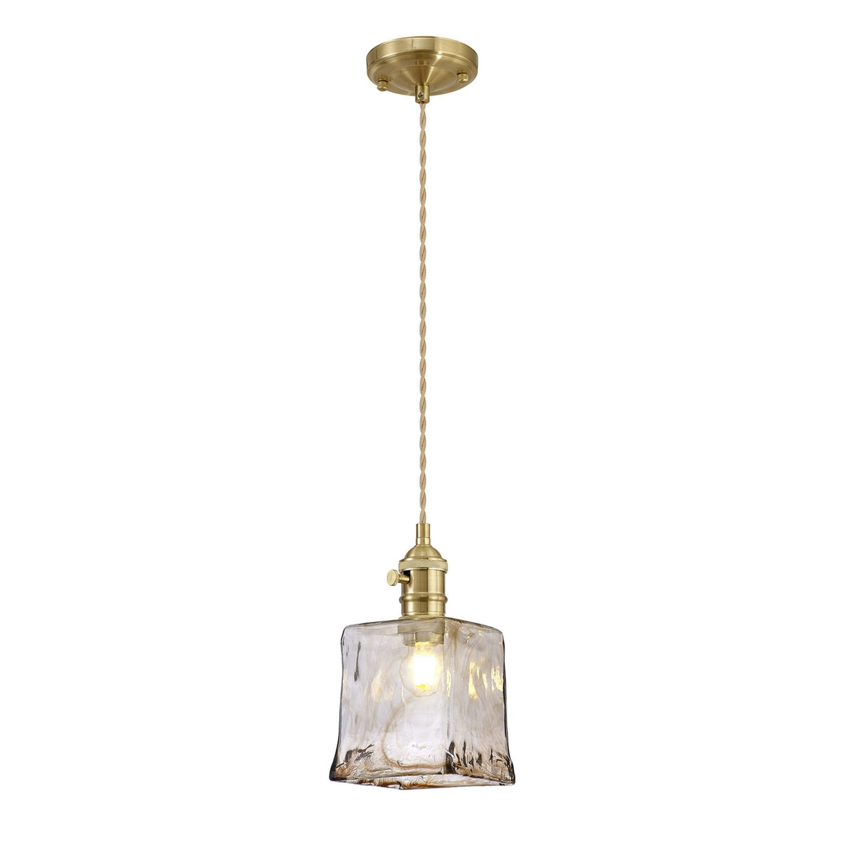 Worlington Switched Pendant in Brass with Gold Twisted Cable & Brown Square Glass