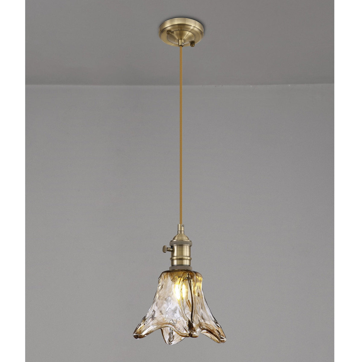 Worlington Switched Pendant in Antique Brass with Golden Brown Cable & Brown Flower Glass