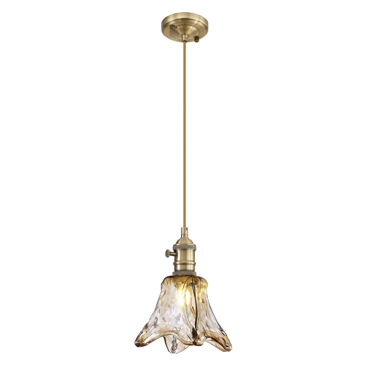 Worlington Switched Pendant in Antique Brass with Golden Brown Cable & Brown Flower Glass