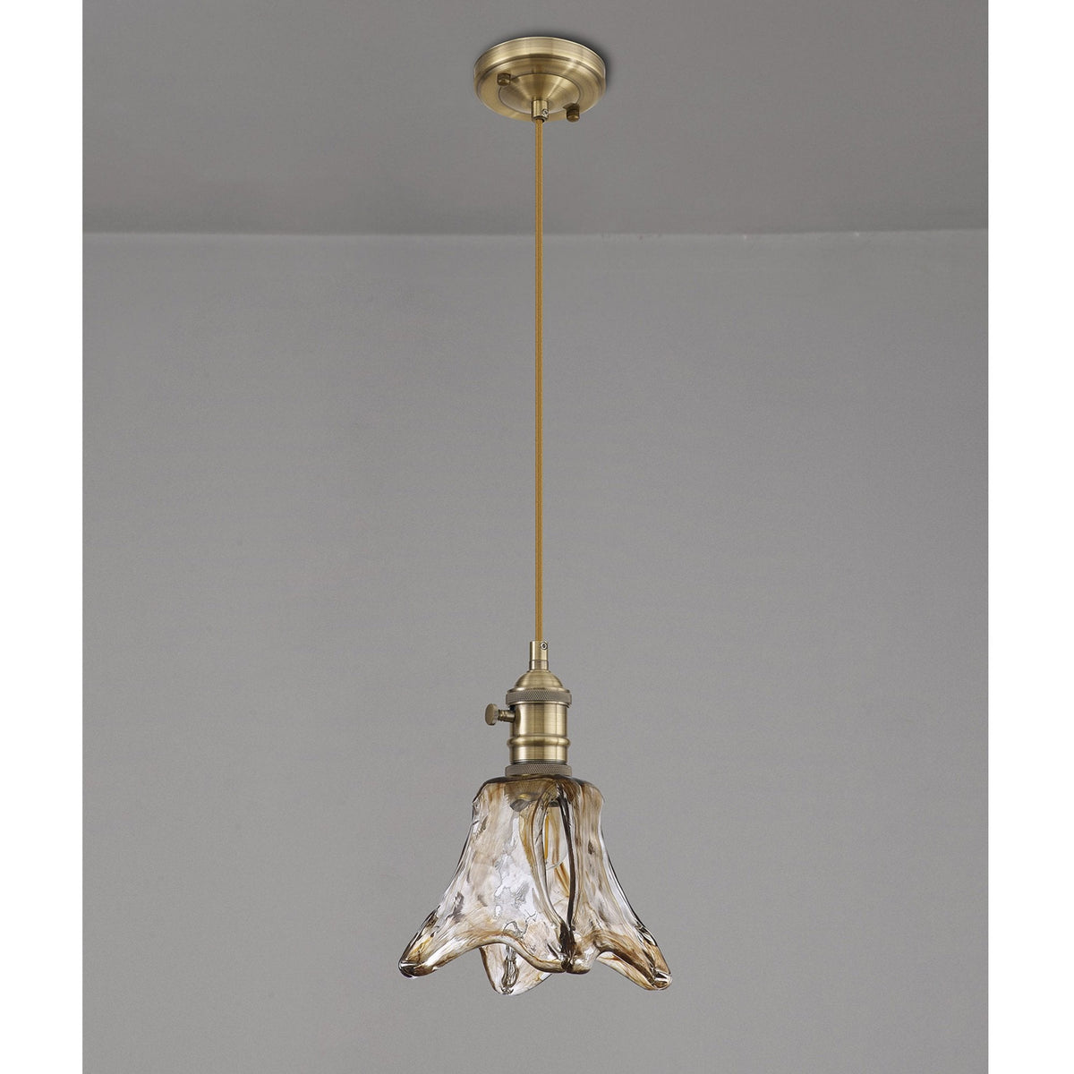 Worlington Switched Pendant in Antique Brass with Golden Brown Cable & Brown Flower Glass