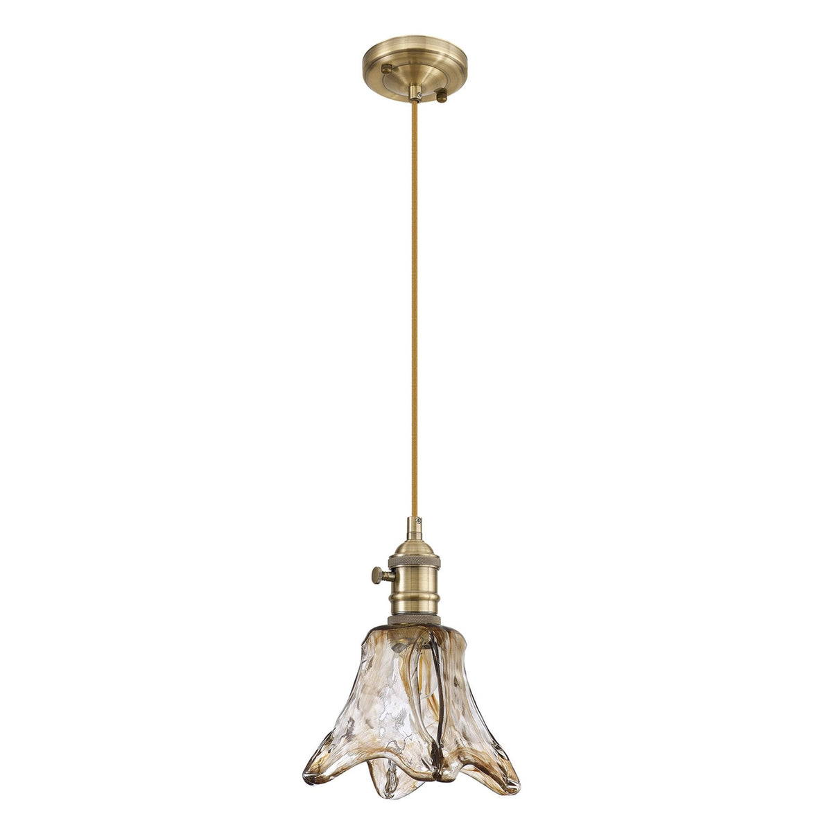 Worlington Switched Pendant in Antique Brass with Golden Brown Cable & Brown Flower Glass
