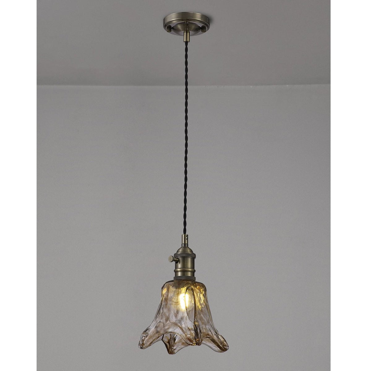 Worlington Switched Pendant in Antique Brass with Black Twisted Cable & Brown Flower Glass