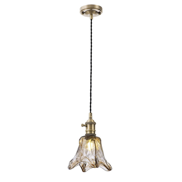 Worlington Switched Pendant in Antique Brass with Black Twisted Cable & Brown Flower Glass