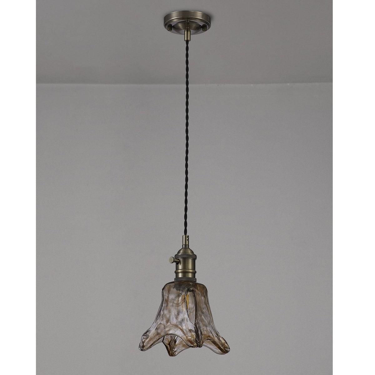 Lumiere Worlington Switched Pendant in Antique Brass with Black Twisted Cable & Brown Flower Glass