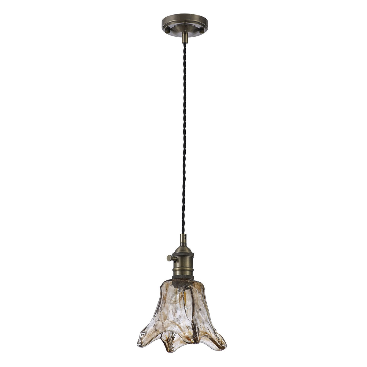 Lumiere Worlington Switched Pendant in Antique Brass with Black Twisted Cable & Brown Flower Glass
