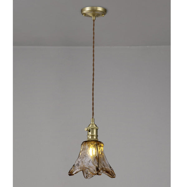 Worlington Switched Pendant in Brass with Gold Twisted Cable & Brown Flower Glass