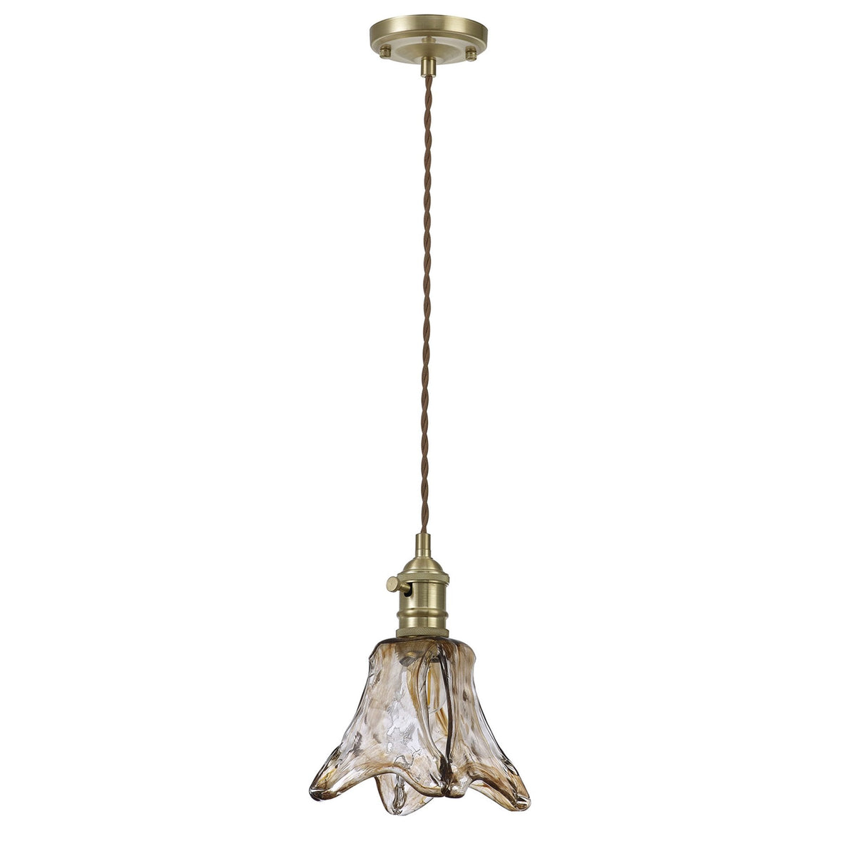 Worlington Switched Pendant in Brass with Gold Twisted Cable & Brown Flower Glass