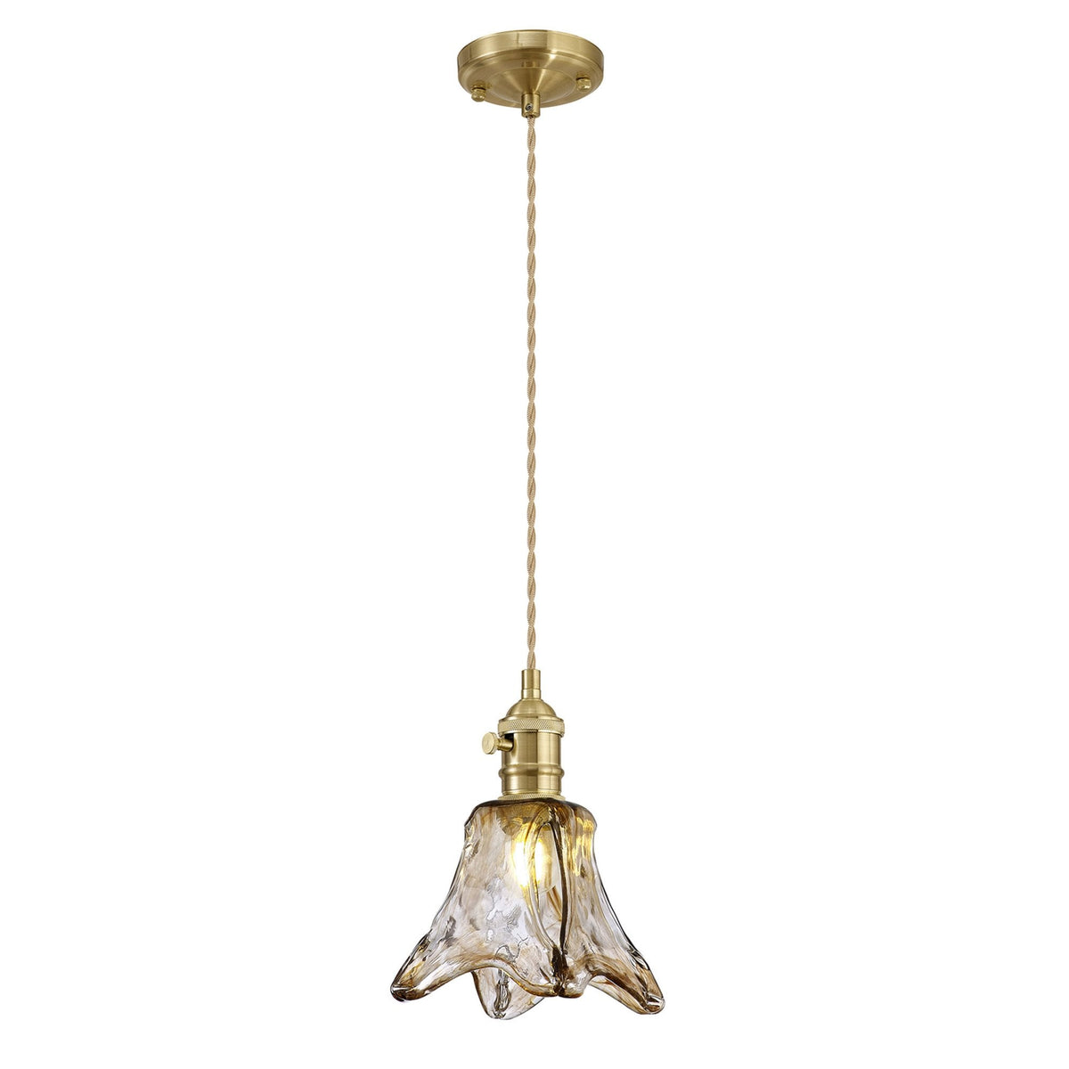Amber glass pendant light with a brass fixture and a braided cord