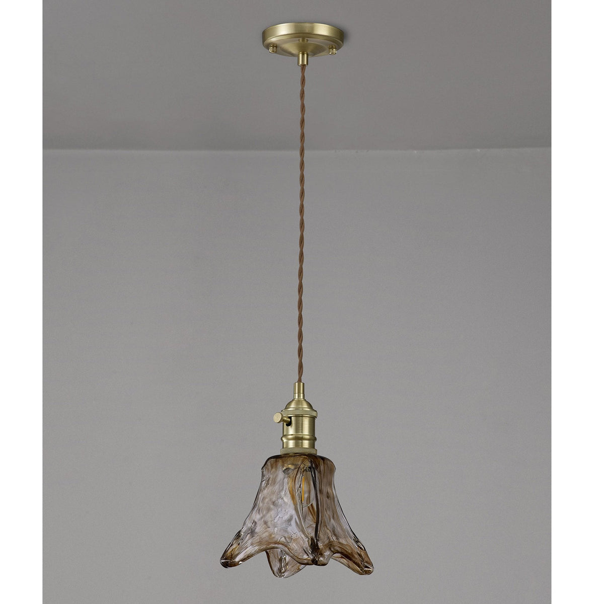 Worlington Switched Pendant in Brass with Gold Twisted Cable & Brown Flower Glass