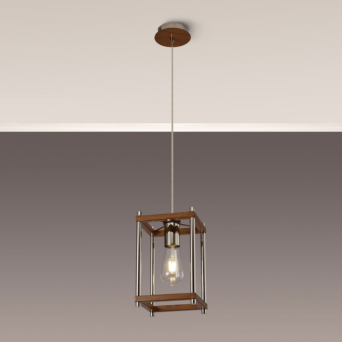 Huntshaw Single Light Pendant in Walnut & Polished Nickel