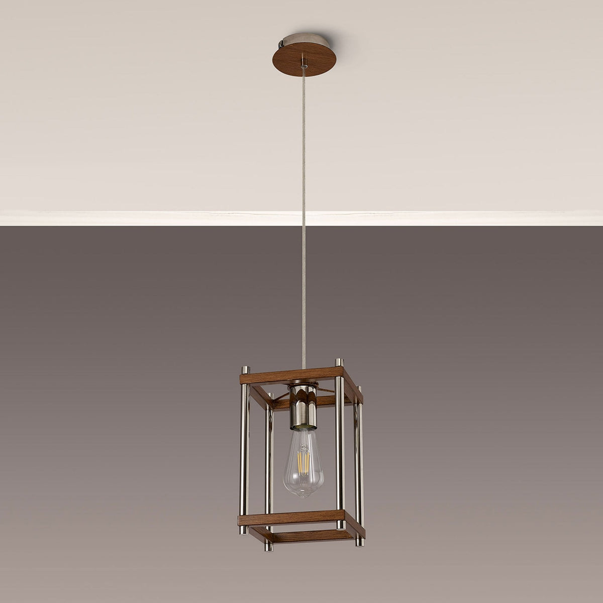 Huntshaw Single Light Pendant in Walnut & Polished Nickel