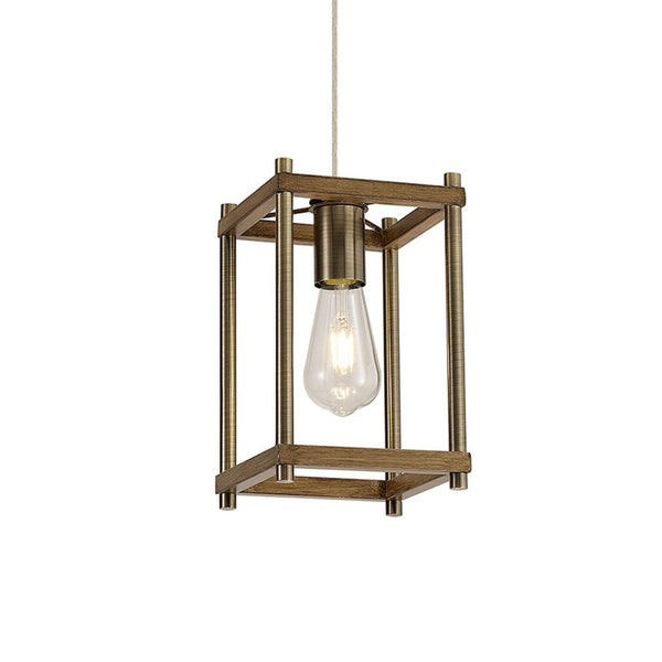Huntshaw Single Light Pendant in Medium Oak & Antique Brass