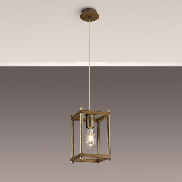Huntshaw Single Light Pendant in Medium Oak & Antique Brass