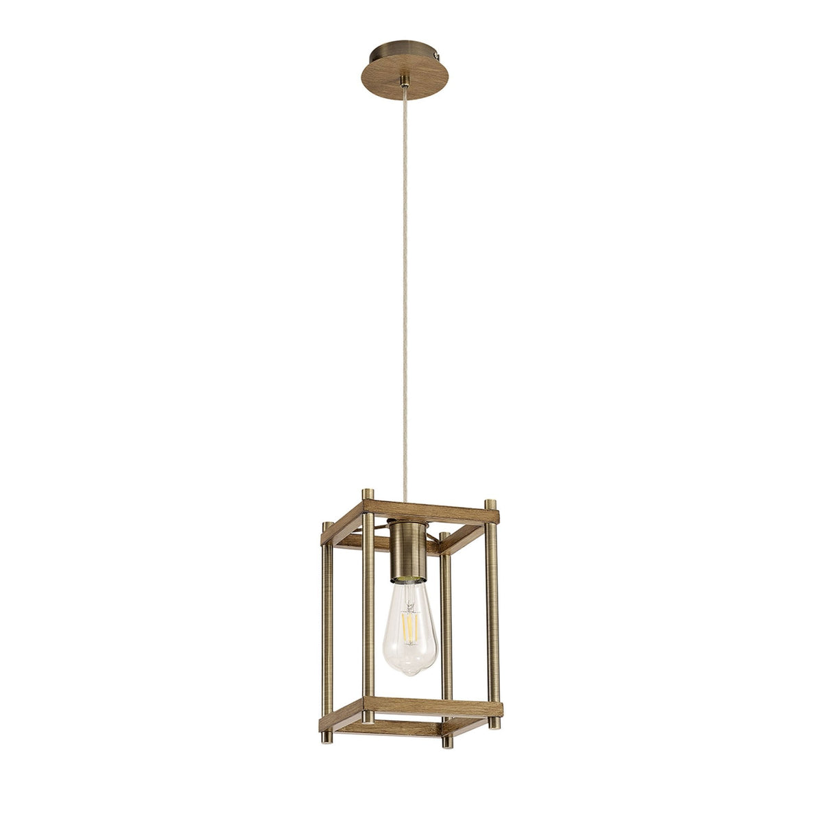 Huntshaw Single Light Pendant in Medium Oak & Antique Brass