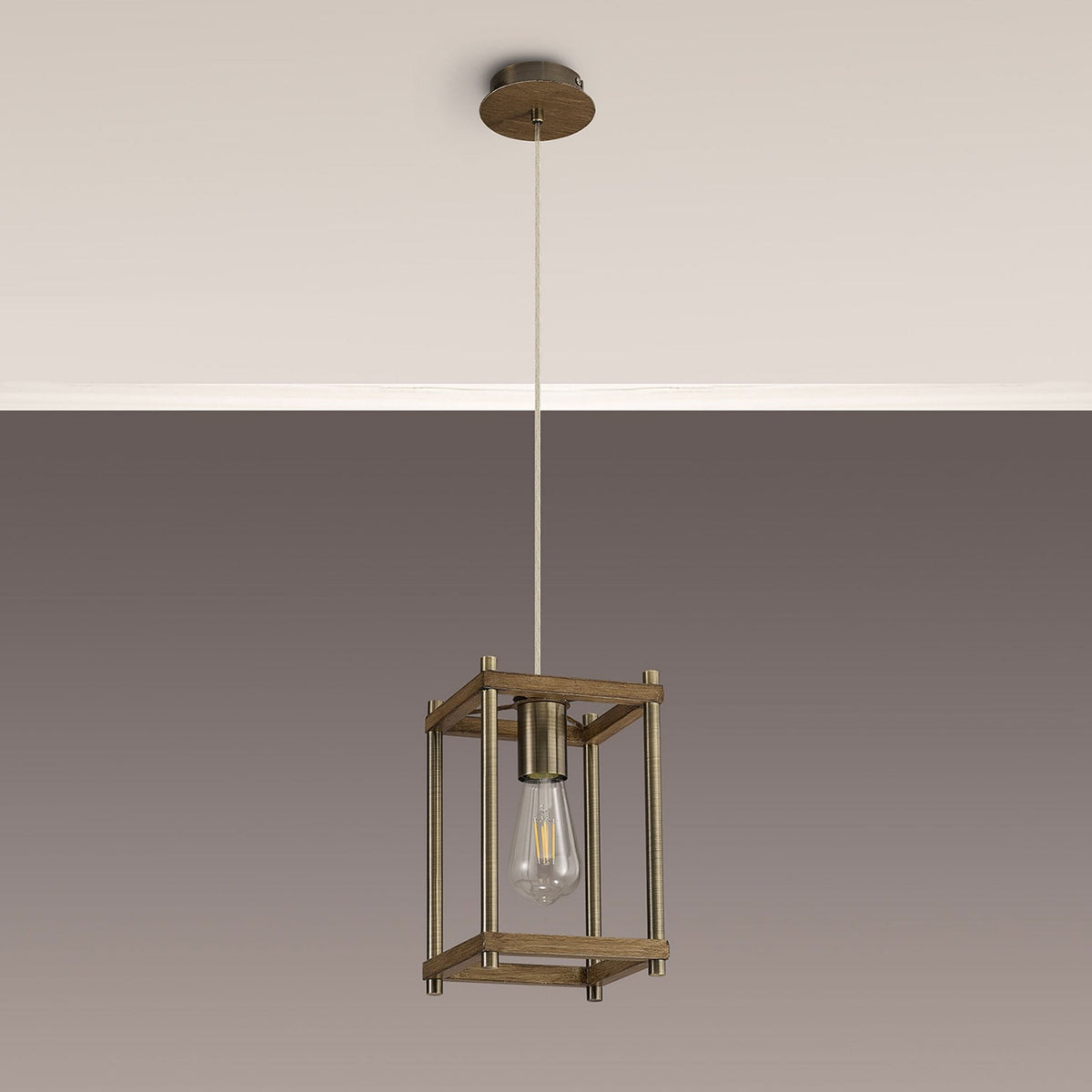 Huntshaw Single Light Pendant in Medium Oak & Antique Brass