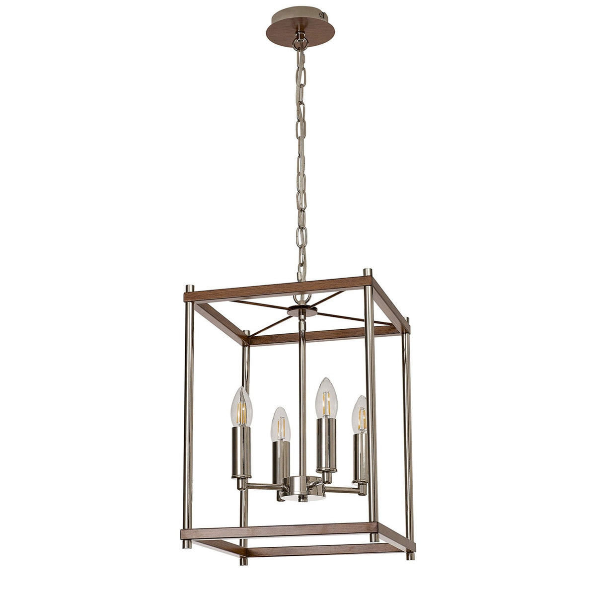 Huntshaw Four Light Pendant in Walnut & Polished Nickel