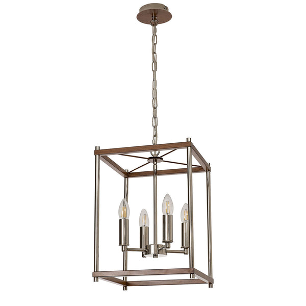 Huntshaw Four Light Pendant in Walnut & Polished Nickel