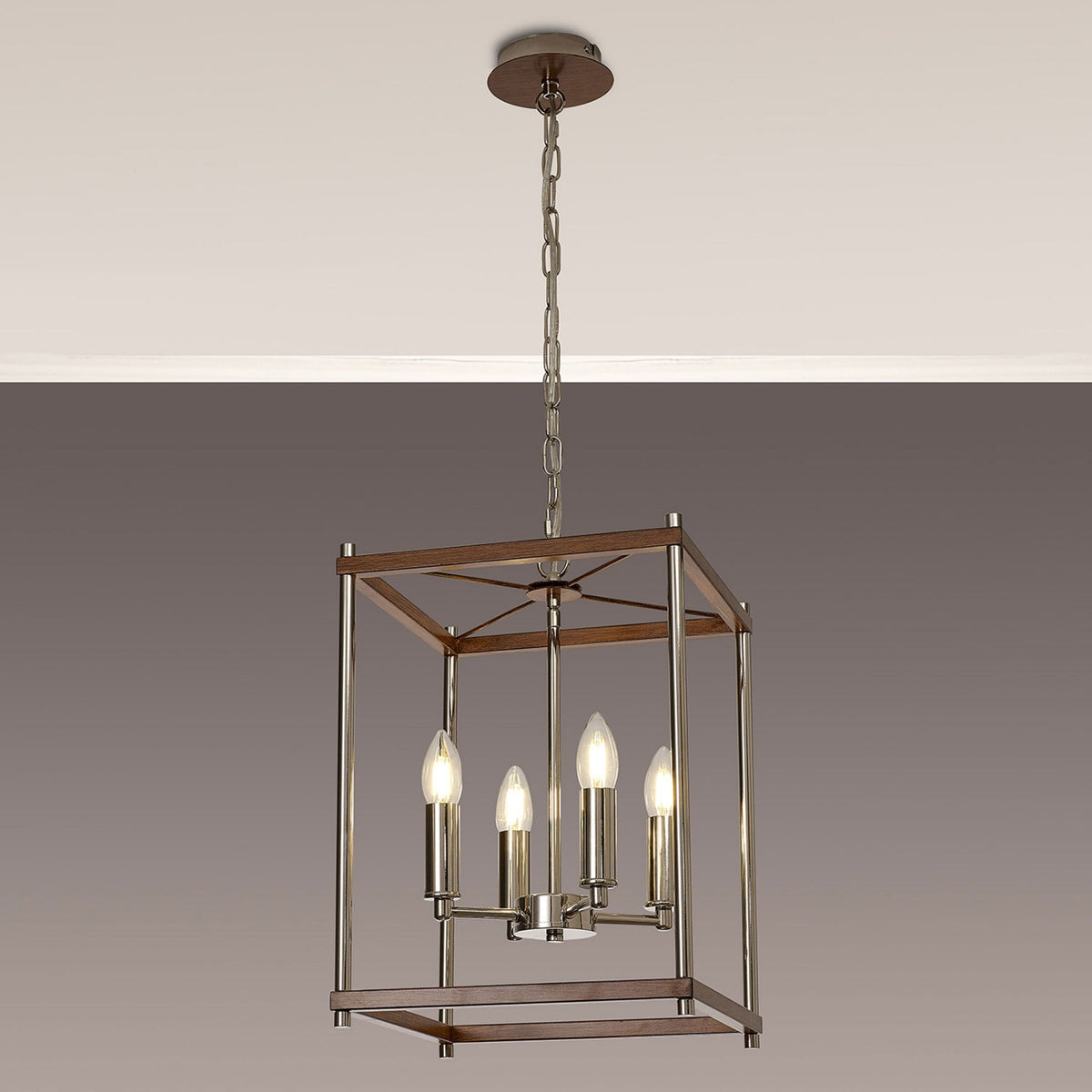 Huntshaw Four Light Pendant in Walnut & Polished Nickel