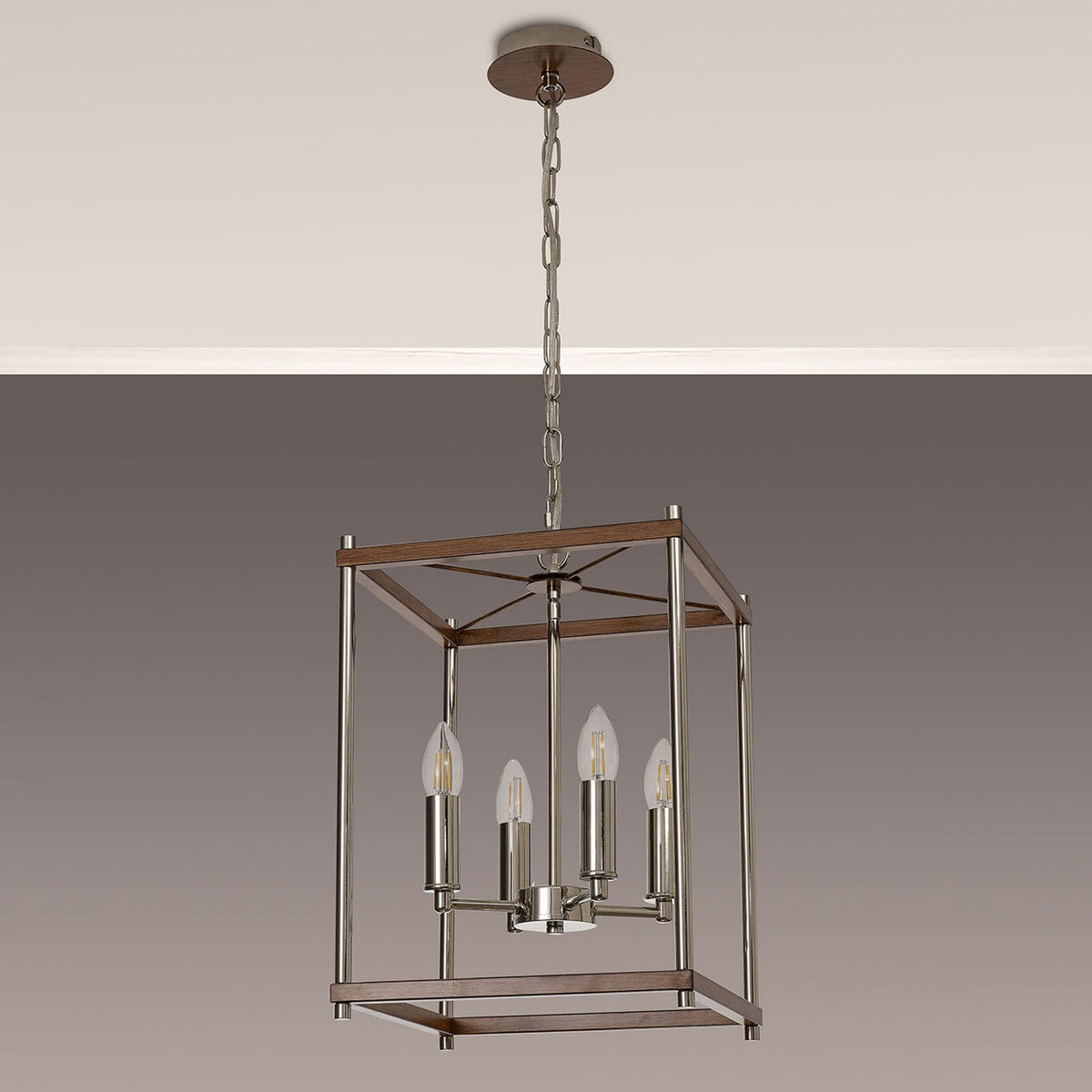 Huntshaw Four Light Pendant in Walnut & Polished Nickel