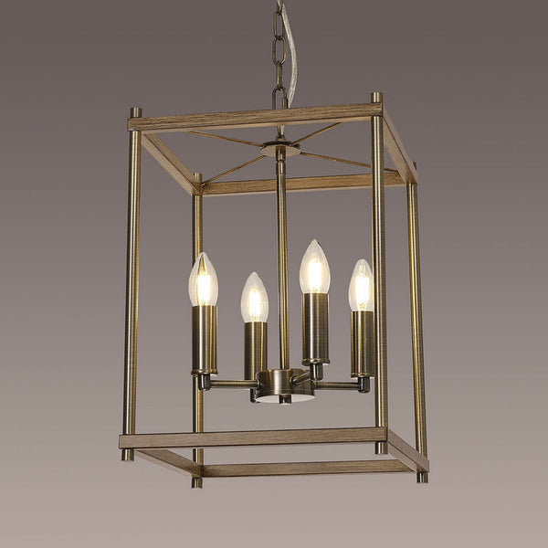 Huntshaw Four Light Pendant in Medium Oak & Antique Brass