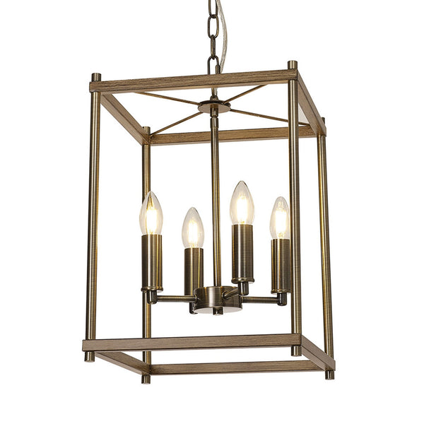 Huntshaw Four Light Pendant in Medium Oak & Antique Brass